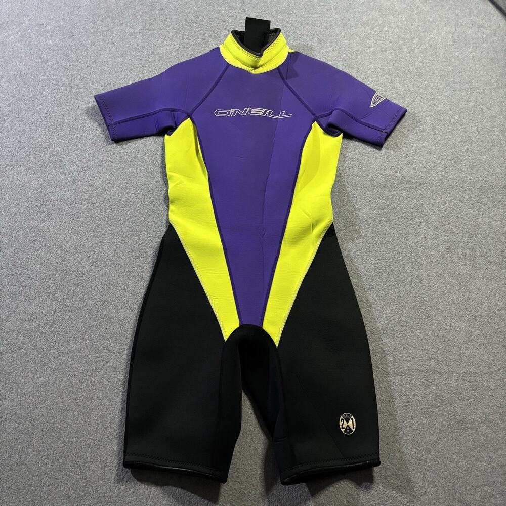Vtg 90s O'Neill Elite Reactor Shorty Wetsuit Womens 10 Neon Purple Yellow 2/1mm